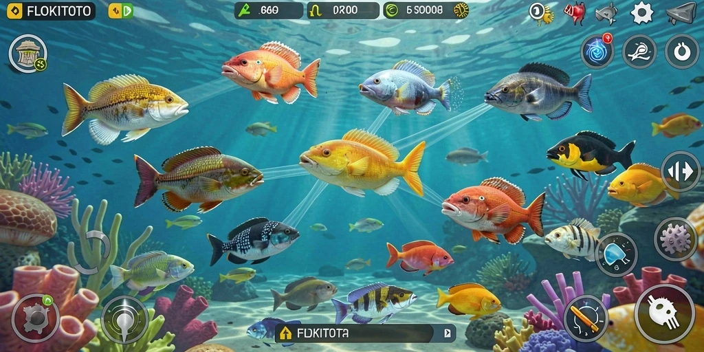 Tampilan gameplay seru FLOKITOTO saat menangkap ikan.