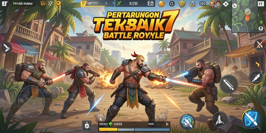 Screenshot utama HP777 menampilkan aksi intens dalam pertarungan Battle Royale.