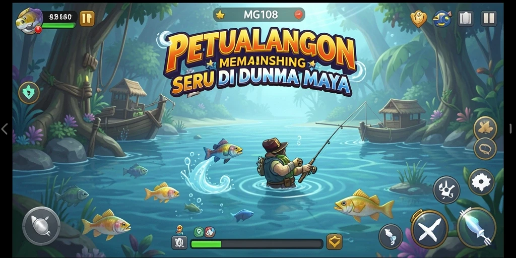 Screenshot gameplay MG108 menampilkan momen memancing yang seru.