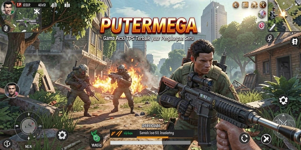 Screenshot utama PUTERMEGA menunjukkan aksi seru pertempuran TPS.